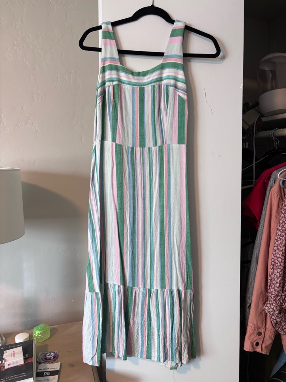 Sleeveless Striped Summer Midi Dress in Green, Pink & White